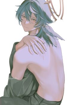 1boy black_pants black_shirt grey_hair halo head_wings highres honkai:_star_rail honkai_(series) kurashiki_(kas0) male_focus pants shirt solo sunday_(honkai:_star_rail) topless_male unworn_shirt wings yellow_eyes