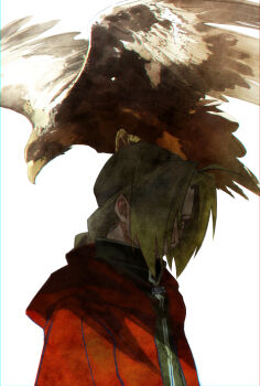 1boy absurdres ahoge animal animal_on_head bird bird_on_head black_jacket blonde_hair braid coat edward_elric fullmetal_alchemist hair_over_one_eye hawk highres hood hood_down hooded_coat jacket long_hair male_focus on_head parted_bangs red_coat shaded_face single_braid upper_body white_background youritai