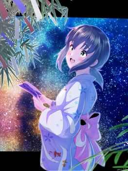 1girl :d absurdres alternate_costume back_bow black_hair blue_sky blush bow commentary_request floral_print floral_print_kimono from_side fubuki_(kancolle) gradient_sky green_eyes hair_between_eyes hair_tie highres japanese_clothes kantai_collection kimono leaf letterboxed long_hair long_sleeves low_ponytail night night_sky obi open_mouth pink_bow ponytail print_kimono red_sky sash sidelocks sky smile solo standing star_(sky) starry_sky tanabata teeth upper_teeth_only white_kimono wide_sleeves yoko_hata