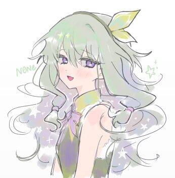 1girl blush bow character_name green_hair hairband hashtag-only_commentary highres kusanagi_nene looking_to_the_side open_mouth project_sekai purple_bow purple_eyes sha_(euiorn) sparkle star_(symbol) white_background