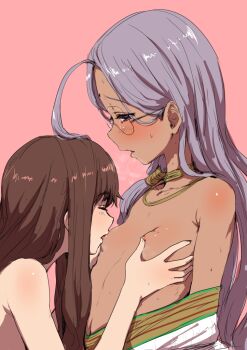 10s 2girls ahoge bindi blush breast_sucking breasts brown_hair clearite closed_eyes dark-skinned_female dark_skin fate/extra fate_(series) glasses grey_hair half-closed_eyes heavy_breathing kishinami_hakuno_(female) licking licking_breast long_hair multiple_girls nipple_stimulation nipple_tweak nipples nude pink_background rani_viii rimless_eyewear simple_background small_breasts upper_body yuri