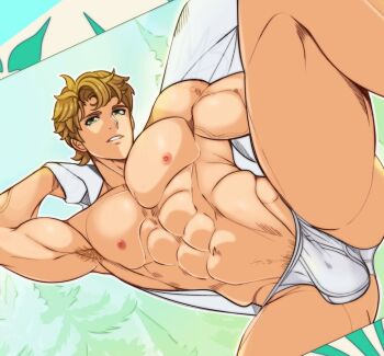 1boy abs arachmo armpit_hair bara boucheron_(fire_emblem) briefs brown_hair bulge commentary english_commentary fire_emblem fire_emblem_engage green_eyes highres large_pectorals male_focus male_underwear muscular muscular_male navel nintendo nipples parted_lips pectorals short_hair solo thighs underwear underwear_only veins white_male_underwear