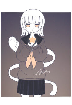 1girl black_sailor_collar black_skirt border commentary_request cowboy_shot cupping_hands ghost highres long_sleeves miniskirt neckerchief omochi_noa original outside_border own_hands_together pleated_skirt sailor_collar school_uniform serafuku signature skirt standing star_(symbol) white_border yellow_eyes yellow_neckerchief