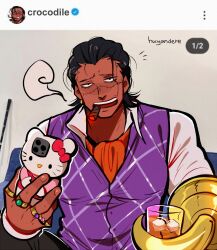 Rule 34 | 1boy, absurdres, alternate costume, ascot, black hair, cigar, crocodile (one piece), cup, hair slicked back, hello kitty phonecase (meme), hello kitty print, highres, holding, holding cup, holding phone, hook hand, huyandere, instagram, jewelry, male focus, meme, one piece, ornate phone case, parody, phone, short hair, smoking, solo, stitches, vest