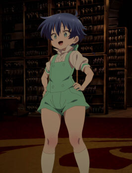 1boy absurdres androgynous aqua_eyes bare_legs blue_hair feet_out_of_frame highres lloyd_de_saloum looking_down male_focus micro_shorts open_mouth screencap shiny_skin shorts smile solo tensei_shitara_dai_nana_oji_datta_no_de:_kimama_ni_majutsu_o_kiwamemasu third-party_edit trap wide_hips