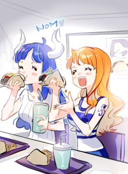 2girls adapted_costume bare_shoulders blue_hair blue_skirt blush blush_stickers breasts closed_eyes commentary cup drinking_straw eating food holding holding_cup holding_food horns indoors long_hair medium_breasts multiple_girls nami_(one_piece) nami_(one_piece)_(east_blue) one_piece open_mouth orange_hair raine_(acke2445) shirt short_sleeves shoulder_tattoo single_sidelock sitting skirt sleeveless sleeveless_shirt symbol-only_commentary taco taco_bell tattoo ulti_(one_piece) upper_body wavy_hair white_shirt