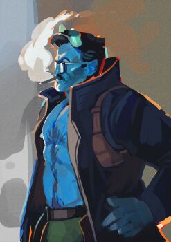 1boy abrams_(deadlock) absurdres bara black_hair blue_coat blue_skin broken_horn casty_art chest_hair cigarette closed_mouth coat colored_skin commentary deadlock_(game) demon_horns english_commentary facial_hair glasses green_pants highres horns looking_to_the_side male_focus muscular muscular_male mustache pants smoking stomach_hair