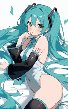 1girl absurdres adapted_costume aqua_eyes aqua_hair aqua_necktie black_sleeves black_thighhighs breasts coco_irasuto commentary_request covered_navel detached_sleeves grey_leotard hatsune_miku highres leotard long_hair looking_at_viewer lying necktie on_side small_breasts solo thighhighs twintails v-shaped_eyebrows very_long_hair vocaloid