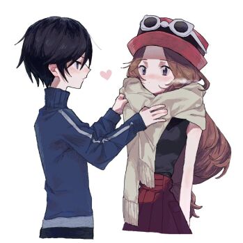 Rule 34 | 1boy, 1girl, a 164a84, adjusting another's clothes, adjusting scarf, arms behind back, black hair, blue jacket, blush, brown hair, brown scarf, calem (pokemon), eyewear on headwear, heart, jacket, nintendo, pokemon, pokemon xy, scarf, serena (pokemon), simple background, sunglasses, white background