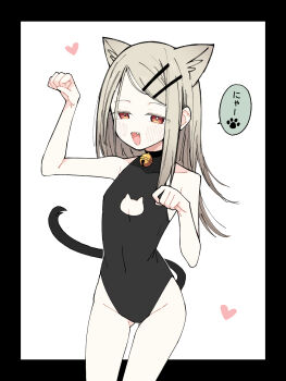 animal_ears bell black_bodysuit blonde_hair bodysuit breasts cat_cutout cat_ears cat_tail cleavage cleavage_cutout clothing_cutout commentary_request fang gakuen_idolmaster heart highres idolmaster jingle_bell open_mouth orange_eyes paw_pose sabi1234 shinosawa_hiro small_breasts speech_bubble spoken_paw_print tail translation_request