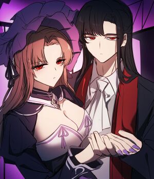 1boy 1girl absurdres ascot black_coat black_corset black_dress black_hair bonnet breast_ribbon breasts brown_hair cleavage closed_mouth coat collared_shirt corset dress expressionless frilled_bonnet frills grey_vest highres holding_hands la_manchaland_(identity)_(project_moon) large_breasts limbus_company long_hair looking_at_viewer meursault_(project_moon) project_moon purple_background purple_bonnet purple_nails red_eyes red_sash rodion_(project_moon) sash shirt vest welldone_nana white_ascot white_shirt