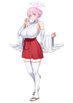 1girl alternate_costume artist_name blue_archive blush breasts detached_sleeves drill_hair drill_sidelocks feathered_wings hair_bun hair_up hakama hakama_skirt halo huge_breasts japanese_clothes kimono linear_71 low_wings mika_(blue_archive) miko multicolored_eyes pink_hair purple_eyes red_skirt sandals sash sidelocks skindentation skirt sleeveless sleeveless_kimono smile solo standing tabi thighhighs white_background white_kimono white_sleeves white_thighhighs white_wings wide_sleeves wing_ornament wings yellow_eyes zettai_ryouiki