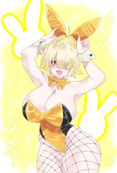 Rule 34 | 1girl, :d, ahoge, animal ears, arms up, black leotard, blonde hair, blush, bowtie, breasts, cleavage, deka chang, detached collar, elegg (nikke), fake animal ears, fishnet pantyhose, fishnets, goddess of victory: nikke, hair intakes, hair over eyes, large breasts, leotard, long bangs, looking at viewer, multicolored hair, open mouth, pantyhose, playboy bunny, rabbit ears, short hair, smile, solo, strapless, strapless leotard, thighs, two-tone hair, two-tone leotard, yellow bow, yellow bowtie, yellow leotard