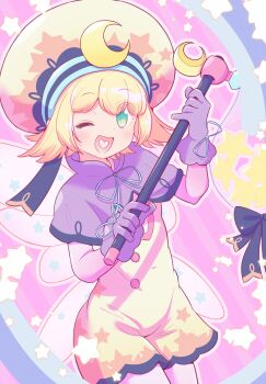 1girl amitie_(puyopuyo) amitie_(wishing_star)_(puyopuyo) blonde_hair capelet colorful_background commentary_request covered_groin crescent crescent_hat_ornament fairy_wings gloves gold_trim green_eyes grey_wings hat hat_ornament heart heart_in_mouth highres holding holding_staff jazz_grace lace looking_at_viewer multicolored_hat official_alternate_costume one_eye_closed purple_capelet purple_gloves puyopuyo puyopuyo_quest ribbon short_hair sidelocks solo staff star_(symbol) transparent_wings wings yellow_unitard