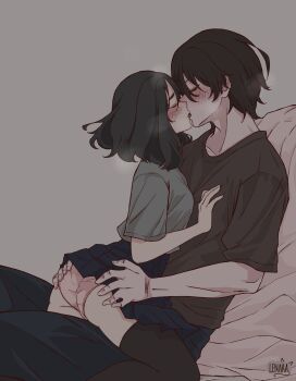 Rule 34 | 1boy, 1girl, black eyes, black hair, black shirt, blush, breasts, french kiss, grabbing another&#039;s ass, groping, hair between eyes, hetero, highres, holding, kiss, lenaleechi, long hair, long sleeves, open mouth, original, panties, pink panties, shirt, simple background, skirt, solo, thighhighs, underwear, white background