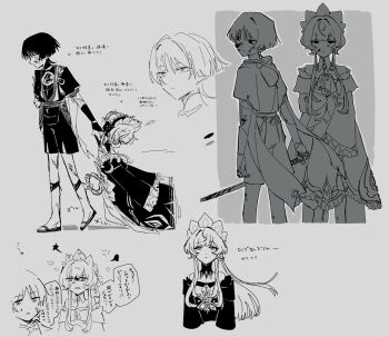 Rule 34 | 1boy, 1girl, alternate hair length, alternate hairstyle, anger vein, armor, arms at sides, bag, bare shoulders, blood, blood on face, bloody weapon, blunt ends, bodysuit, braid, bun with braided base, clenched hand, closed eyes, closed mouth, detached collar, detached sleeves, dirty leg, dragging, dress, expressionless, facing down, frilled dress, frilled sleeves, frills, furisode, genshin impact, greyscale, hair bun, hand up, highres, holding, holding napkin, holding sword, holding weapon, japanese armor, japanese clothes, jewelry, juban, katana, kimono, kote, l2 hh7, layered shorts, layered sleeves, long hair, long sidelocks, looking at viewer, looking to the side, mandarin collar, monochrome, napkin, neck ring, open hand, partially shaded face, pom pom (clothes), pulling, rope, sandals, sandrone (genshin impact), scaramouche (genshin impact), shimenawa, short hair, short hair with long locks, short sleeves, shorts, sidelocks, sideways mouth, single hair bun, sword, tassel, translation request, tsurime, weapon, wide sleeves, winding key, wispy bangs, zouri