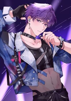 1boy arm_up belt belt_buckle belt_collar black_belt black_gloves bracelet buckle closed_mouth collar commentary curtained_hair daceoao fingerless_gloves gloves hand_up headset heart highres jacket jewelry lapels love_and_deepspace male_focus navel notched_lapels official_alternate_costume open_clothes open_jacket purple_eyes purple_hair rafayel_(love_and_deepspace) short_hair single_glove solo twitter_username
