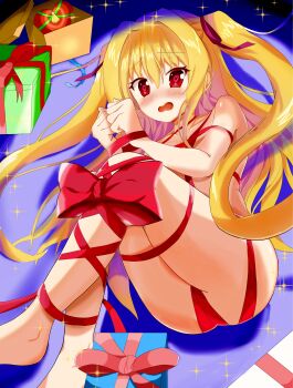 1girl absurdres barefoot blonde_hair blue_background blush bound bound_wrists bow box clenched_hands collarbone commentary_request embarrassed floating_hair full_body gift gift_box hair_between_eyes hair_intakes hair_ribbon hands_up heart heart-shaped_pupils highres irotoridori_no_sekai knees_together_feet_apart knees_up long_hair looking_at_viewer lying naked_ribbon nikaidou_shinku on_side open_mouth red_bow red_eyes red_ribbon ribbon sidelocks simple_background solo sparkle spotlight symbol-shaped_pupils thighs two_side_up user_gesz2338 very_long_hair your_present_is_me