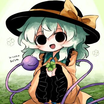 1girl black_eyes black_hat buttons clover contrast_collar diamond_button green_hair green_skirt hair_between_eyes hat hat_ribbon heripantomorrow holding holding_clover komeiji_koishi long_sleeves looking_at_viewer ribbon shirt skirt smile solo third_eye touhou translation_request upper_body wide_sleeves yellow_ribbon yellow_shirt