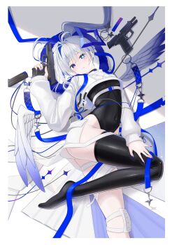 1girl absurdres ahoge amane_kanata amane_kanata_(lock_on) black_leotard black_thighhighs blue_eyes blue_nails blue_streaks breasts commentary_request covered_navel expressionless film_grain fingernails foot_out_of_frame gun h&amp;k_usp hair_spread_out halo hand_on_own_thigh hand_up handgun highres holding holding_gun holding_weapon hololive hooded_shrug knee_guards leg_up leotard long_hair long_sleeves looking_at_viewer lying magazine_(weapon) multicolored_hair nail_polish no_pants on_back parted_lips shrug_(clothing) small_breasts solo star-shaped_pupils star_(symbol) star_halo streaked_hair symbol-shaped_pupils thighhighs tojo_aoi virtual_youtuber weapon white_shrug white_wings wings