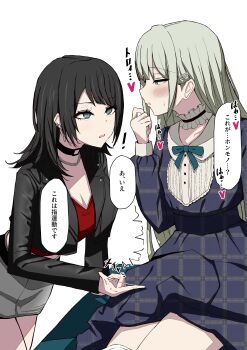 2girls absurdres bang_dream! bang_dream!_it&#039;s_mygo!!!!! black_choker black_hair blue_dress blush breasts chin_gero choker cleavage dress earclip earrings frilled_choker frills green_eyes green_hair grey_skirt hair_ornament hairclip highres jewelry long_hair mortis_(bang_dream!) mortis_(persona)_(bang_dream!) multiple_girls o-ring o-ring_choker panties panty_pull plaid_clothes plaid_dress pussy_juice pussy_juice_on_fingers red_shirt shirt simple_background skirt translation_request underwear unmoving_pattern wakaba_mutsumi white_background yahata_umiri yellow_eyes yuri