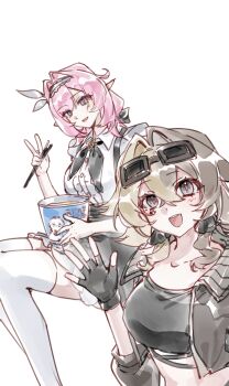 2girls black_skirt black_tube_top blue_eyes breasts brown_hair brown_jacket chopsticks elf elysia_(golden_courtyard)_(honkai_impact) elysia_(honkai_impact) goggles goggles_on_head grey_eyes hair_intakes hairband highres holding holding_chopsticks honkai_(series) honkai_impact_3rd instant_cup_noodles instant_noodles jacket kevin_kaslana large_breasts long_hair looking_at_viewer medium_hair multiple_girls pink_hair pointy_ears seawave02974 shirt simple_background skirt smile strapless thighhighs thighs tube_top v vill-v white_background white_hairband white_shirt white_thighhighs