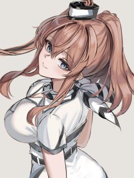 1girl blue_eyes breast_pocket breasts brown_hair dimos_(dawn_1945) dress from_above from_side hair_between_eyes high_side_ponytail kantai_collection large_breasts long_hair looking_at_viewer looking_to_the_side multicolored_neckerchief neckerchief pocket ponytail saratoga_(kancolle) saratoga_mk_ii_(kancolle) side_ponytail sidelocks simple_background smile smokestack smokestack_hair_ornament solo upper_body white_background white_dress