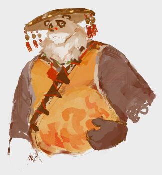 0_0ffline 1boy absurdres animal_ears belly black_fur chinese_clothes fat furry furry_male highres looking_at_viewer male_focus multicolored_fur pan_yinhu panda_boy panda_ears plump round_eyewear shirt signature white_background white_fur wok yellow_shirt zenless_zone_zero