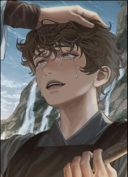 1boy 1other aegyo_sal black_vest blackbox_(blackbox9158) brown_eyes brown_hair character_request check_character crying crying_with_eyes_open hand_on_another's_head highres holding holding_stick kim_dokja lee_gilyoung looking_at_another official_art omniscient_reader's_viewpoint open_mouth out_of_frame shirt short_hair stick tears third-party_source vest white_shirt