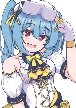 Rule 34 | 1girl, :d, absurdres, ascot, bare shoulders, blue hair, blush, breasts, colphne (girls' frontline 2), cosplay, cross-laced clothes, cross-laced dress, detached sleeves, dress, fingerless gloves, flower, frilled ascot, frills, girls' frontline, girls' frontline 2: exilium, gloves, hair between eyes, hand up, head-mounted display, highres, looking at viewer, medium breasts, medium hair, multicolored ascot, open mouth, red eyes, risu (risu028), rose, salute, small breasts, smile, solo, twintails, ump9 (girls' frontline), ump9 (girls' frontline) (cosplay), upper body, white dress, white gloves, yellow flower, yellow rose