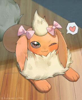 animal_focus blush bow brown_eyes closed_mouth commentary_request flareon gen_1_pokemon heart highres hokaimo_pkmn lying nintendo no_humans one_eye_closed pokemon pokemon_(creature) smile twitter_username