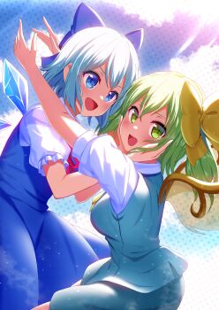 2girls blue_bow blue_dress blue_hair blush bow breasts cirno commentary daiyousei detached_wings dress fairy fairy_wings frilled_sleeves frills green_hair green_skirt green_vest hair_bow hands_on_another&#039;s_cheeks hands_on_another&#039;s_face highres ice ice_wings looking_at_another looking_at_viewer medium_breasts mikomiko_(mikomikosu) multiple_girls multiple_wings neck_ribbon one_side_up pinafore_dress polka_dot polka_dot_background puffy_short_sleeves puffy_sleeves red_ribbon ribbon shirt short_hair short_sleeves skirt skirt_set sleeveless sleeveless_dress smile sunlight teeth touhou upper_teeth_only vest white_shirt wings yellow_bow yuri