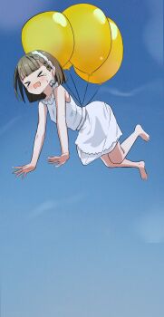 &gt;_&lt; 1girl absurdres balloon barefoot blue_sky blush braid brown_hair center-flap_bangs commentary_request dress facing_viewer floating frilled_dress frills full_body highres kachimachi_kosuzu link!_like!_love_live! llb love_live! medium_dress medium_hair open_mouth outdoors peanut_mouth side_braids sky sleeveless sleeveless_dress solo speech_bubble sweatdrop tearing_up thought_bubble virtual_youtuber white_dress