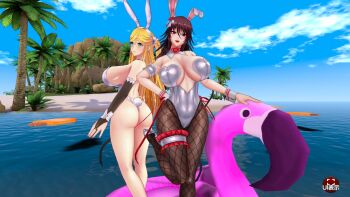 2girls 3d action_taimanin alternate_color alternate_costume animal_ears ass bare_legs black_leotard blonde_hair blue_sky blush breasts cleavage curvy detached_collar fake_animal_ears fake_tail highleg highleg_leotard highres huge_ass huge_breasts kosaka_shizuru leotard lilith-soft looking_at_viewer mizuki_shiranui multiple_girls ocean official_alternate_costume pantyhose playboy_bunny rabbit_ears rabbit_tail red_leotard screencap sky smile tail taimanin_(series) taimanin_yukikaze thong_leotard twintails water wide_hips