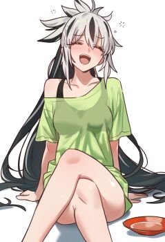1girl absurdres alcohol alternate_costume bad_link black_hair blush breasts closed_eyes crossed_legs cup ebora fate/grand_order fate_(series) green_shirt hair_spread_out highres long_hair medium_breasts multicolored_hair nagao_kagetora_(fate) open_mouth ponytail sakazuki sake shirt short_sleeves sitting smile solo squeans two-tone_hair uesugi_kenshin_(first_ascension)_(fate) very_long_hair white_hair
