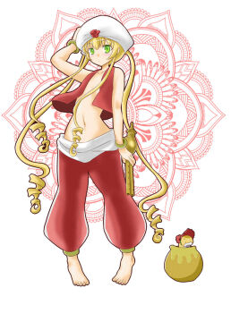 Rule 34 | 1girl, alternate costume, barefoot, blonde hair, closed mouth, commentary request, drill hair, drill sidelocks, expressionless, flat chest, flute, full body, genie, green eyes, highres, holding, holding flute, holding instrument, instrument, itini-sanshi, long hair, looking at viewer, navel, pants, red pants, red vest, rozen maiden, shinku, sidelocks, snake, solo, toenails, turban, twintails, very long hair, vest, white background