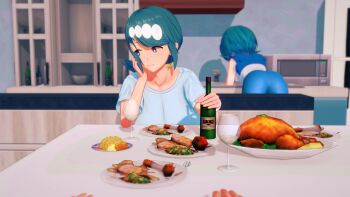 2girls 3d animated ass bent_over blue_eyes blue_hair blue_pants blue_shirt bottle bracelet creatures_(company) cup dinner drinking_glass elbow_rest feathermapleleaf fellatio_gesture female_focus food from_behind game_freak hair_ornament handjob_gesture head_rest indoors jewelry lana's_mother_(pokemon) lana_(pokemon) leaning_forward looking_at_another looking_at_viewer looking_back mother_and_daughter multiple_girls nintendo pants penetration_gesture pokemon pokemon_(anime) pokemon_sm_(anime) presenting sexually_suggestive shirt short_sleeves tagme tongue tongue_out video wine_bottle wine_glass