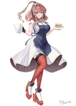 1girl absurdres apron blue_apron breast_pocket breasts brown_hair coffee_pot dimos_(dawn_1945) dress food full_body gloves grey_eyes hair_between_eyes high_side_ponytail highres holding holding_coffee_pot holding_plate kantai_collection large_breasts long_hair neckerchief plate pocket ponytail red_neckerchief red_thighhighs rudder_footwear sandwich saratoga_(kancolle) short_sleeves side_ponytail sidelocks single_glove smokestack_hair_ornament solo standing thighhighs white_dress