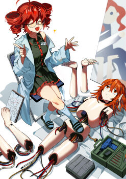 2girls a.i._voice absurdres adachi_rei ahoge amputee android black_shirt black_skirt cable chair clipboard closed_eyes closed_mouth coat collared_shirt commentary_request completely_nude different_reflection disassembly drill_hair expressionless folding_chair full-length_mirror glasses grey_coat grey_socks hair_ribbon hands_up highres igaku_(utau) index_finger_raised joints kasane_teto kneehighs lab_coat long_sleeves looking_at_another lying mechabare medium_hair mirror multiple_girls name_tag featureless_crotch nude off_shoulder on_back on_chair on_floor one_side_up open_clothes open_coat open_mouth orange_eyes orange_hair pleated_skirt power_drill quadruple_amputee red_hair reflection ribbon robot_joints samsap sandals shirt simple_background sitting skirt sleeveless sleeveless_shirt smile socks tools translated twin_drills unworn_coat utau v-shaped_eyebrows white_background white_ribbon