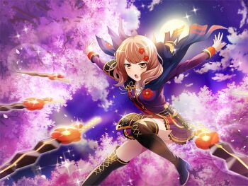 1girl armor black_boots blonde_hair blurry blurry_foreground boots cherry_blossoms cloak full_moon game_cg hair_ornament hairclip high_heel_boots high_heels hood hooded_cloak jacket kunai medium_hair midair moon official_art open_mouth outstretched_arms pleated_skirt purple_cloak purple_jacket purple_skirt red_eyes sheath sheathed short_sword shoujo_kageki_revue_starlight shoujo_kageki_revue_starlight_-re_live- shoulder_armor skirt solo sword tanaka_yuyuko tantou thigh_boots v-shaped_eyebrows weapon