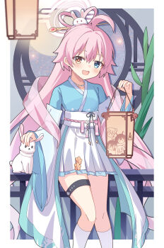 1girl :d absurdres ahoge blue_archive blue_eyes blush chinese_clothes feet_out_of_frame feixianji_(hairstyle) full_moon hagoromo hair_between_eyes hair_ornament hair_rings hair_stick halo hanfu heterochromia highres holding holding_lantern hoshino_(blue_archive) hoshino_(mid-autumn_festival)_(blue_archive) japanese_clothes jewelry kimono kk0220 kneehighs lantern leg_ribbon long_hair long_sleeves looking_at_viewer moon necklace official_alternate_costume official_alternate_hairstyle open_mouth pink_hair pleated_skirt rabbit ribbon sash shawl skirt smile socks solo thigh_strap very_long_hair white_skirt white_socks wide_sleeves yellow_eyes