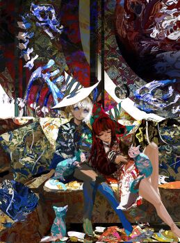 2girls blue_eyes bone cat commentary couch english_commentary hat highres kevin_adi multiple_girls original red_hair sitting white_hair wizard_hat