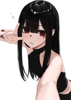 1girl absurdres black_hair black_nails black_shirt blush commentary ear_piercing enokawa_kokoro_(hara_kenshi) facial_mark hara_kenshi heart heart_facial_mark heart_in_eye highres long_hair looking_at_viewer mole mole_under_mouth nail_polish original piercing red_eyes red_nails shirt simple_background sleeveless sleeveless_shirt solo symbol_in_eye v white_background