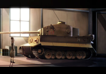 ankle_boots backlighting black_boots black_coat black_hat black_socks boots coat commentary emblem garrison_cap girls_und_panzer hat highres indoors itsumi_erika jinguu_(4839ms) kuromorimine_(emblem) letterboxed long_hair long_sleeves military military_hat military_uniform military_vehicle motor_vehicle shadow silver_hair socks solo standing sunlight tank tiger_i trench_coat warehouse window