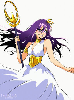 Rule 34 | 1girl, alternate hair color, alternate hair length, alternate hairstyle, armlet, artist name, athena (saint seiya), athena (saint seiya) (cosplay), bleach, breasts, commentary, cosplay, cowboy shot, dress, expressionless, highres, holding, holding staff, jewelry, kuchiki rukia, lips, long hair, purple eyes, purple hair, purple lips, saint seiya, small breasts, solo, staff, umbra (edits umbra), watermark, white dress
