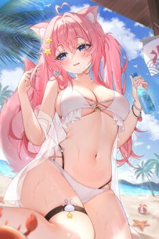 1girl ahoge animal_ear_fluff animal_ears ball bare_shoulders beach beachball bead_bracelet beads bikini bird blue_eyes blue_sky blurry blush bottle bracelet breasts character_request chinese_commentary cleavage cloud collarbone commentary_request crab criss-cross_straps day depth_of_field frilled_bikini frills hair_between_eyes hair_ornament hands_up heart heart_ahoge highres holding holding_bottle iceeee12593357 indie_virtual_youtuber jewelry large_breasts lens_flare light_particles long_hair looking_ahead mole mole_under_eye mountainous_horizon navel ocean off_shoulder outdoors palm_tree parted_lips paw_print pink_hair ramune see-through_clothes sideboob sitting sky solo star_(symbol) star_hair_ornament starfish stomach sunlight swimsuit swimsuit_cover-up tail thigh_strap thighs tree twintails underboob very_long_hair virtual_youtuber wariza wet white_bikini