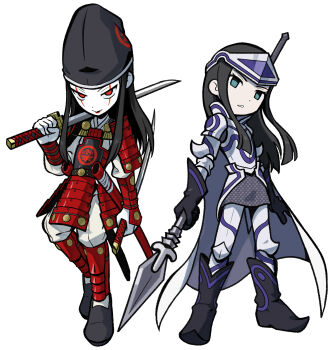 2boys absurdres armor black_hair cu_chulainn_(megami_tensei) demon_(megami_tensei) dual_wielding full_body green_eyes hat highres holding holding_sword holding_weapon japanese_armor katana long_hair looking_at_viewer male_focus multiple_boys pale_skin parted_lips polearm red_eyes red_lips sach56000 scabbard sheath shin_megami_tensei shoulder_armor smile sode spear sword unsheathed weapon yoshitsune_(megami_tensei)