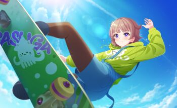 1girl blue_sky blush boots brown_hair cloud commentary_request day game_cg highres hood hood_down hoodie lens_flare looking_at_viewer official_art outdoors pantyhose purple_eyes rubber_boots sasuga_chisa short_hair sky solo third-party_source world_dai_star