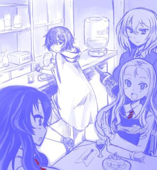 Rule 34 | 4girls, bar (place), bc freedom school uniform, bottle, cake, cape, cup, diagonal-striped clothes, diagonal-striped necktie, drinking glass, eclair (girls und panzer), food, fork, girls und panzer, girls und panzer gekitou! maginot-sen desu!!, girls und panzer saishuushou, hida ema, holding, holding bottle, long hair, maginot school uniform, marie (girls und panzer), monochrome, multiple girls, nabeyu, necktie, oshida (girls und panzer), pointing, pointing up, school uniform, sketch, striped clothes, wine glass
