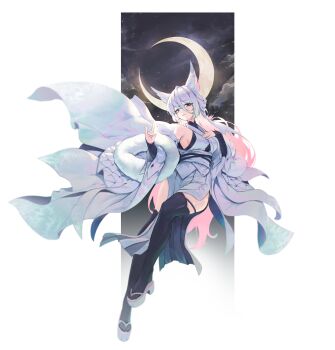 1girl 723_chfhrqur absurdres animal_ear_fluff animal_ears bare_shoulders black_thighhighs breasts colored_inner_hair crescent_moon detached_sleeves fox_ears fox_girl fox_shadow_puppet fox_tail full_body gradient_hair hair_between_eyes hand_on_own_chest high_heels highres japanese_clothes kimono long_hair long_sleeves looking_at_viewer medium_breasts moon multicolored_hair night obi okobo original pelvic_curtain pink_hair platform_clogs platform_sandals sandals sash sideboob sky sleeveless sleeveless_kimono solo star_(sky) tail thighhighs white_hair white_kimono wide_sleeves
